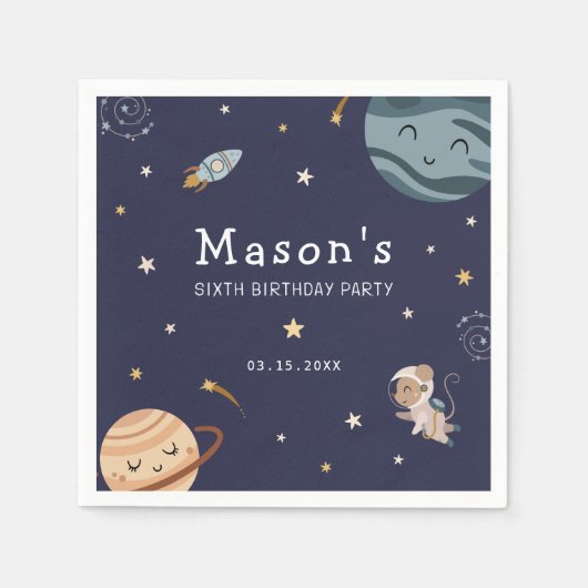 宇宙探検の楽しいキッズ誕生日パーティー スタンダードカクテルナプキン (正面)