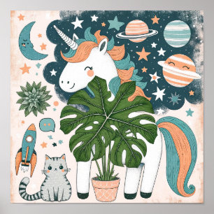 宇宙探検ユニコーンねずみと猫の子供部屋壁画 ポスター