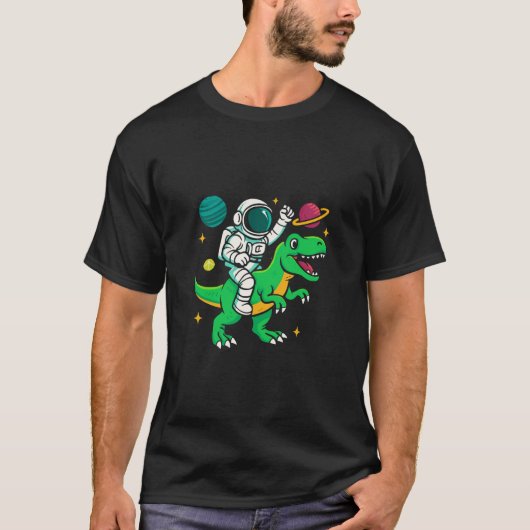 宇宙探検家 – 宇宙恐竜に乗る Tシャツ (正面)