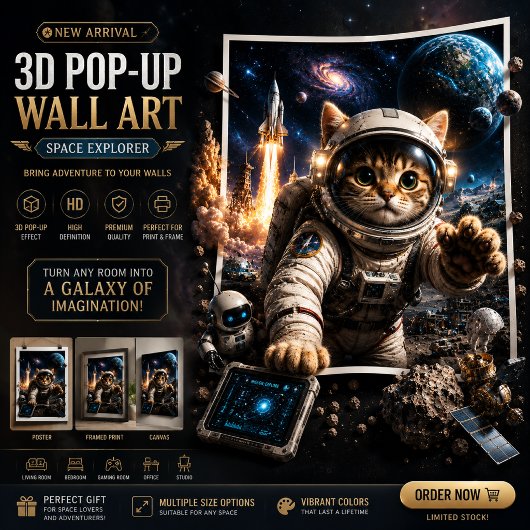 宇宙探検猫の3Dポップアップ壁アートポスター ポスター