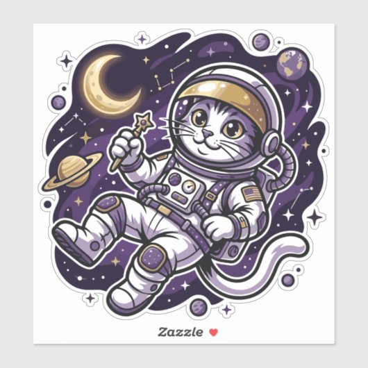 宇宙旅行者: 紫色の宇宙飛行士猫スペースマスコット シール (シート)
