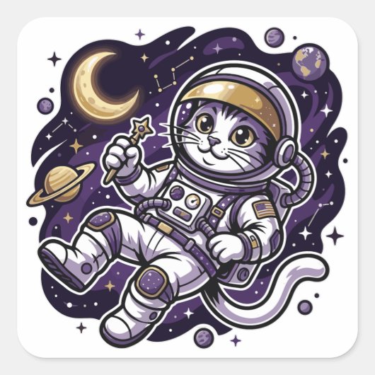 宇宙旅行者: 紫色の宇宙飛行士猫スペースマスコット スクエアシール (正面)