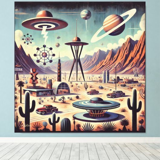 宇宙時代のエイリアン砂漠侵略ファンタジーアート キャンバスプリント (インサイチュ (ウッドフロア))