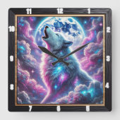 宇宙月に照らされた神秘的なオ鮮やかオカミ スクエア壁時計 (正面)