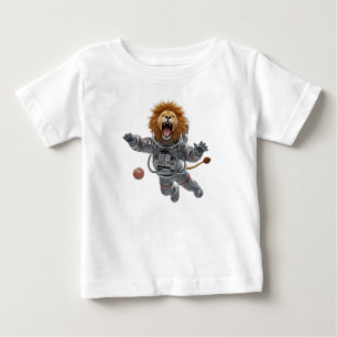宇宙服を着た雄叫びライオン宇宙飛行士の無重力フライト ベビーTシャツ