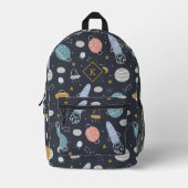 宇宙模様と宇宙飛行士、惑星の星 プリントバックパック (正面)