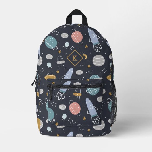 宇宙模様と宇宙飛行士、惑星の星 プリントバックパック (正面)