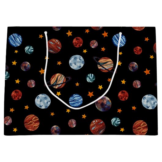 宇宙水彩惑星と星 ラージペーパーバッグ (正面)