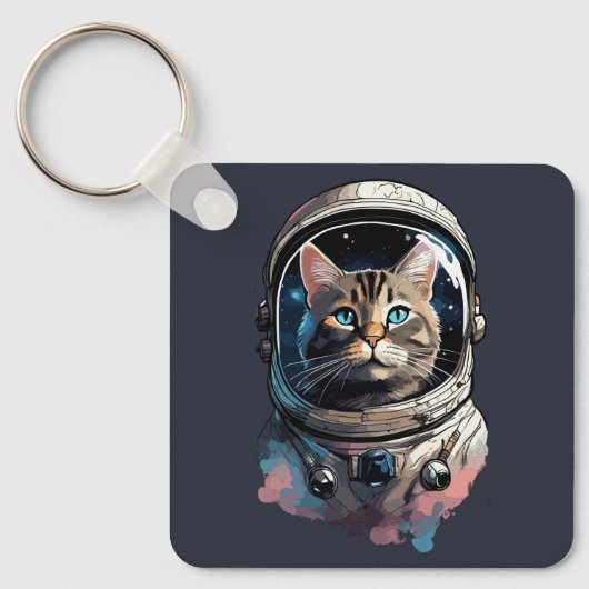 宇宙水彩画の宇宙飛行士の猫 キーホルダー (正面)