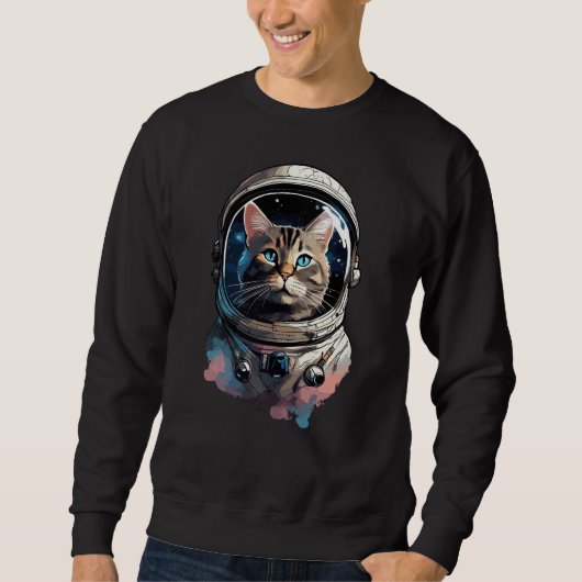 宇宙水彩画の宇宙飛行士の猫 スウェットシャツ (正面)