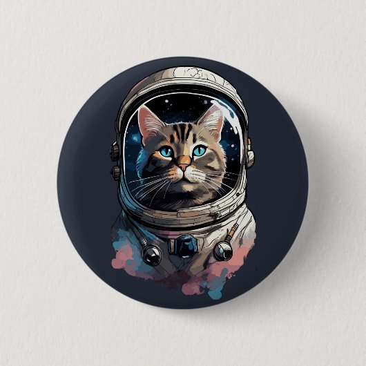 宇宙水彩画の宇宙飛行士の猫 缶バッジ (正面)