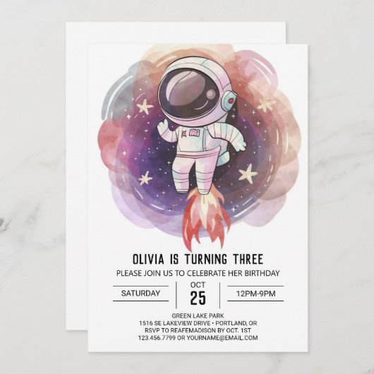 宇宙水色魔法宇宙飛行士誕生日 招待状 (正面/裏面)