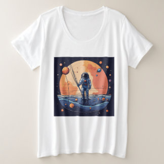 「宇宙漁師：ミニマル宇宙飛行士Tシャツ・デ プラスサイズTシャツ