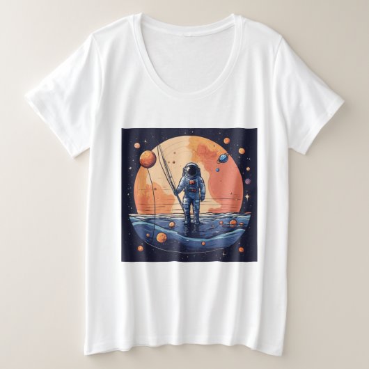 「宇宙漁師:ミニマル宇宙飛行士Tシャツ・デ プラスサイズTシャツ (デザイン正面)