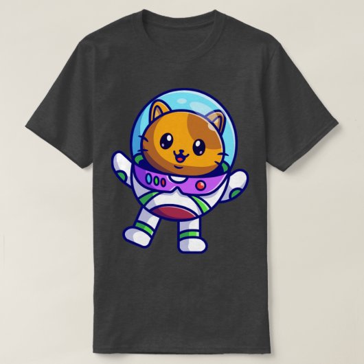 宇宙漫画に浮かぶ、かわいい宇宙飛行士の猫 Tシャツ (デザイン正面)