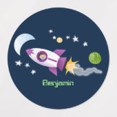 宇宙漫画の可愛いロケットパーソナライズされた船 ラベル (デザイン2)