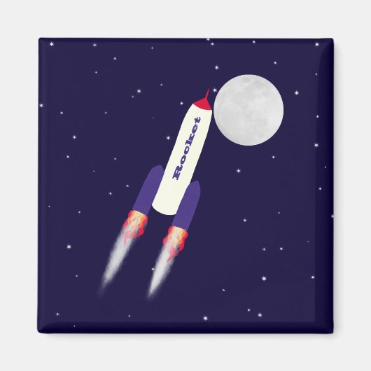 宇宙漫画アートの赤と白のロケット マグネット (正面)