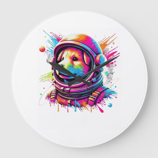 宇宙犬好きのデザイン ラージ壁時計 (正面)