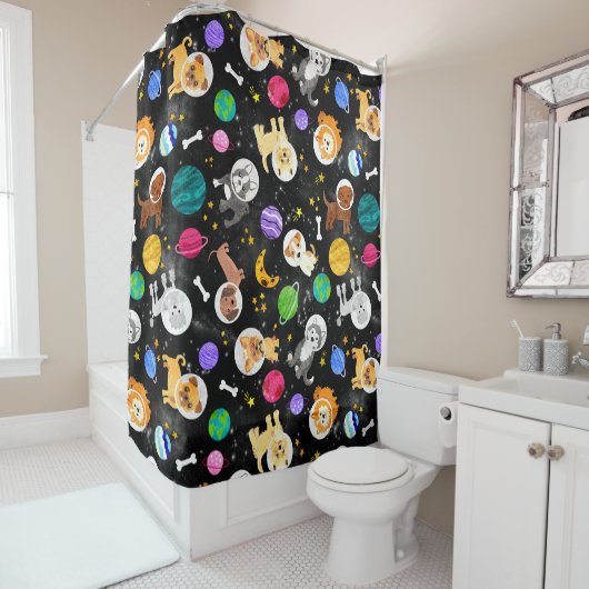 宇宙犬水彩宇宙飛行士の子犬 シャワーカーテン (インサイチュ)