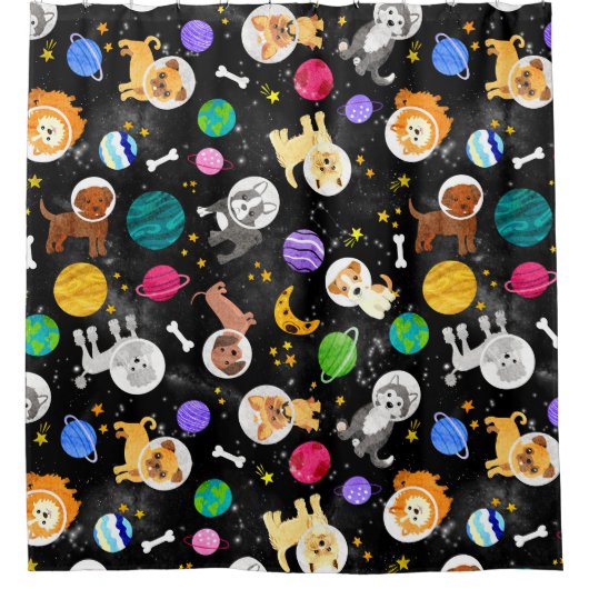 宇宙犬水彩宇宙飛行士の子犬 シャワーカーテン (正面)