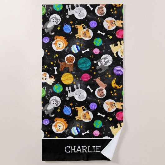 宇宙犬水彩宇宙飛行士の子犬 ビーチタオル (正面)
