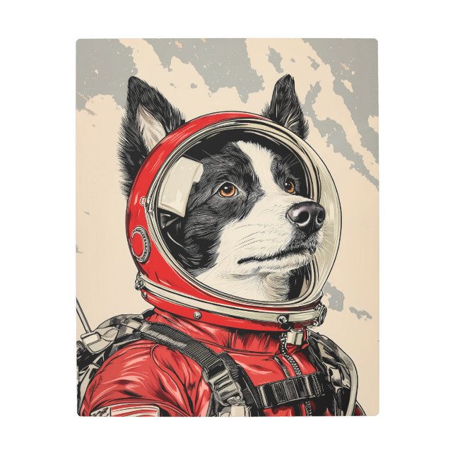 宇宙犬：レトロSci-Fi宇宙飛行士の犬 メタルプリント (正面)