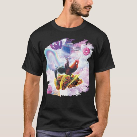 宇宙猫がニワトリユニコーンに乗って タコスとドーナツ Tシャツ (正面)