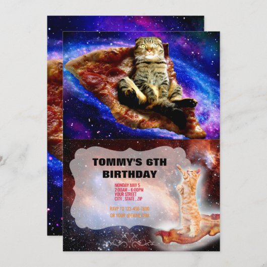 宇宙猫がピザの上に寝ている 招待状 (正面/裏面)