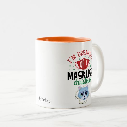 宇宙猫がマスクなしのクリスマスを夢見る |おもしろい | ツートーンマグカップ (正面右)