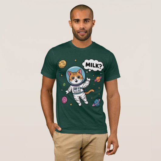 宇宙猫がミルクを欲しがる! Tシャツ (正面フル)