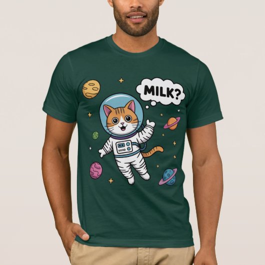 宇宙猫がミルクを欲しがる！ Tシャツ (正面)