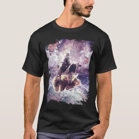 宇宙猫が牛ユニコーンに乗ってピザとタコス Tシャツ (正面)