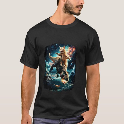 宇宙猫のティラノサウルス乗り物 Tシャツ (正面)
