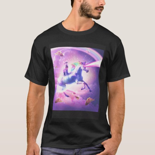 宇宙猫のユニコーン乗り物 レーザータコスと虹 Tシャツ (正面)