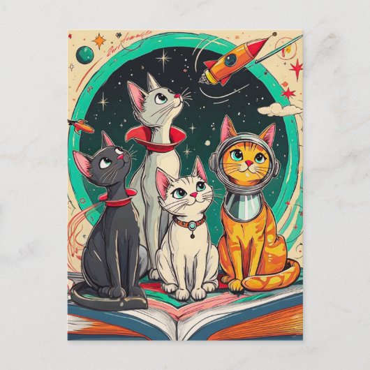 宇宙猫の冒険への扉を開く読書 ポストカード (正面)