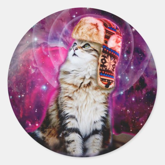 宇宙猫の帽子をかぶっロシアのた帽子 ラウンドシール (正面)