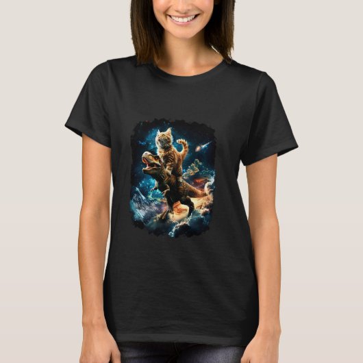 宇宙猫の恐竜Tレックス乗り物1 Tシャツ (正面)