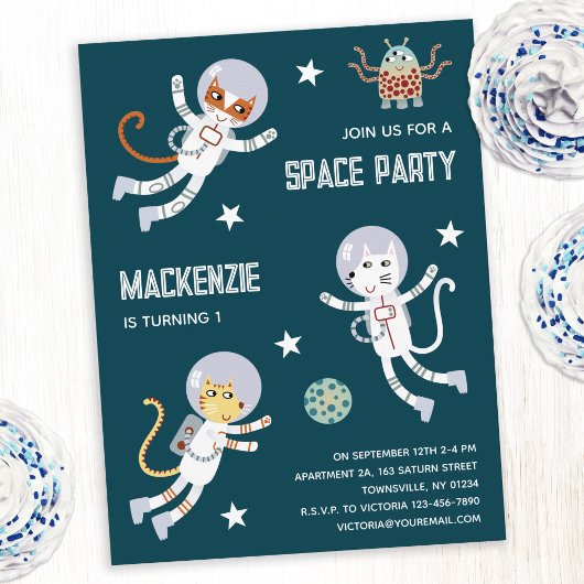宇宙猫の1歳の誕生日パーティーの招待状 ポストカード
