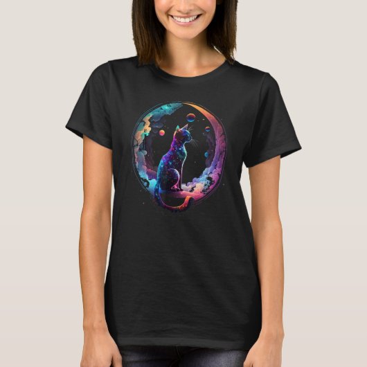 宇宙猫クールカラフル三日月と雲 Tシャツ (正面)