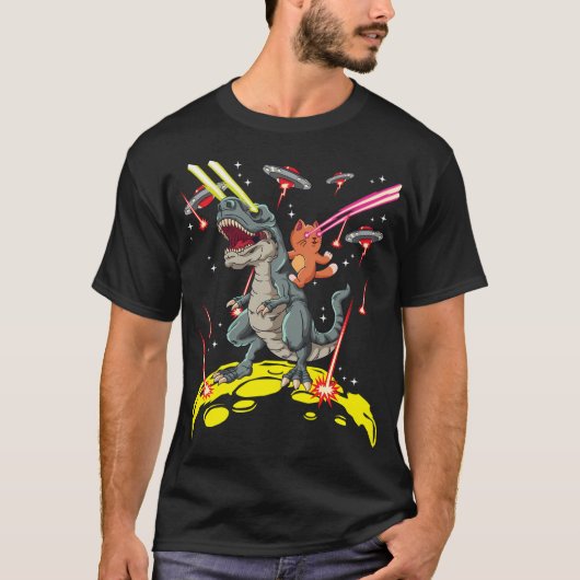 宇宙猫乗りTレックスレーザーアイズエイリアン侵入 Tシャツ (正面)