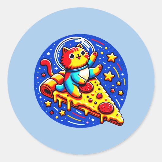 宇宙猫宇宙飛行士ステッカー – おもしろい宇宙ピザ ラウンドシール (正面)
