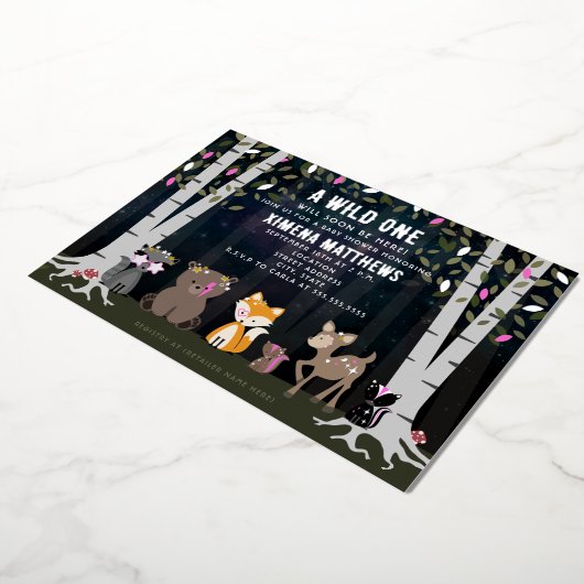 宇宙生物ウッドランド動物ベビーシャワー 箔招待状 (回転した状態)