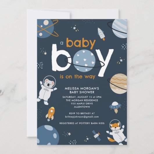 宇宙男の赤ちゃんシャワー招待状 招待状 (正面)
