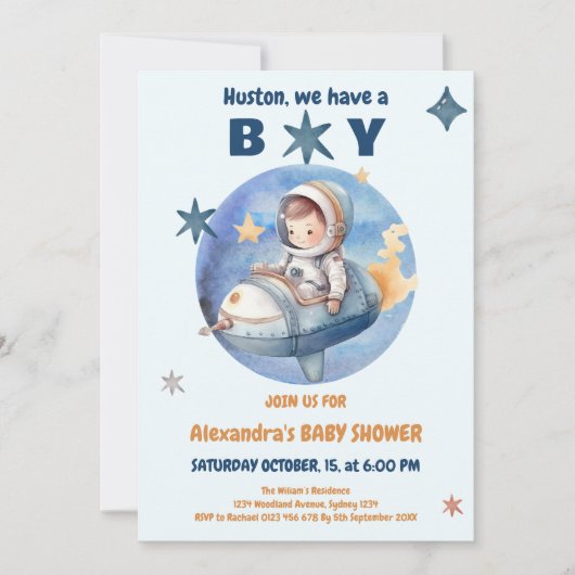 宇宙男の赤ちゃんシャワー 招待状 (正面)
