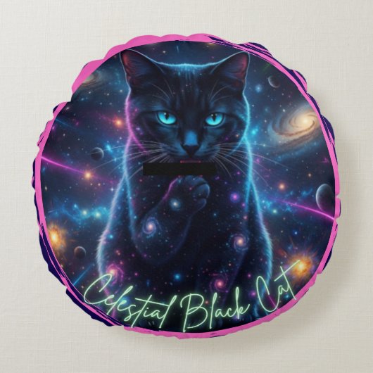 宇宙的な黒猫 ラウンドクッション (正面)