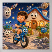 宇宙空間で自転車に乗る可愛い少年 ポスター (正面)