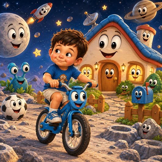 宇宙空間で自転車に乗る可愛い少年 ポスター