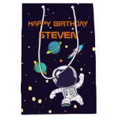 宇宙空間に浮かぶ宇宙人誕生日 ミディアムペーパーバッグ (正面)