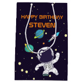 宇宙空間に浮かぶ宇宙人誕生日 ミディアムペーパーバッグ (裏面)