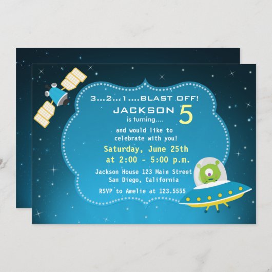 宇宙空間のエイリアンボーイバースデーパーティーの招待 招待状 (正面/裏面)